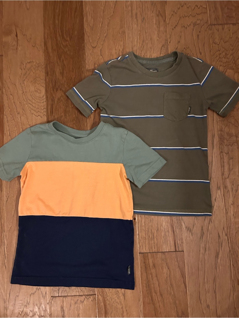 Eddie Bauer Olive Striped Tee & Sage, Gold & Navy Colorblock Tee